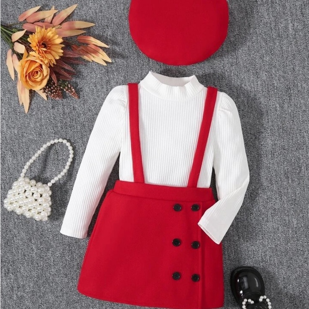 Girls Mock Neck Tee & Button Front Suspender Skirt with matching Beret